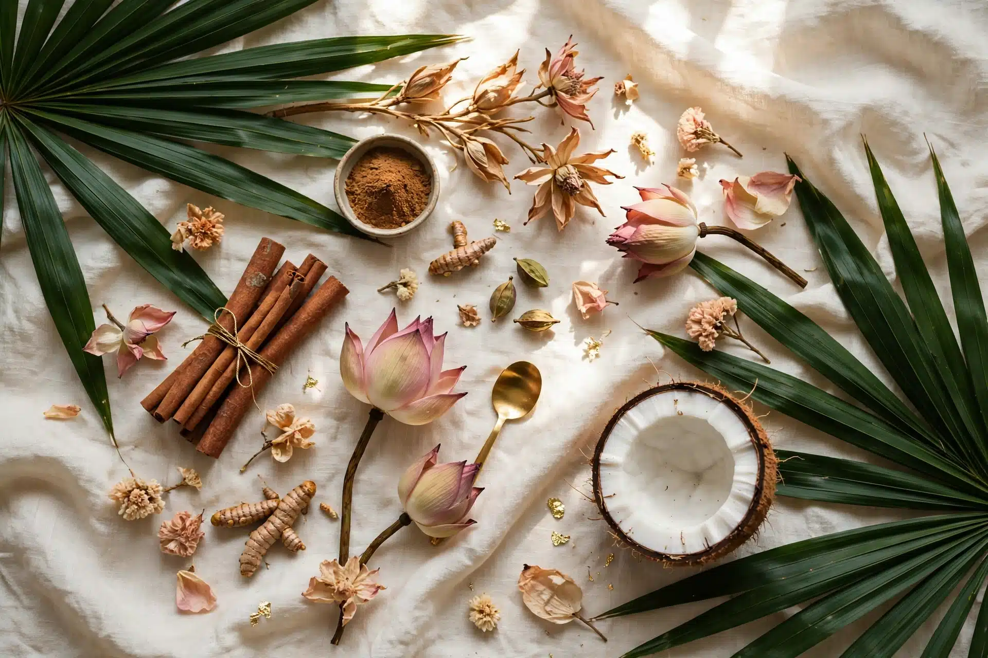 Ceylon botanicals flat lay on cream linen
